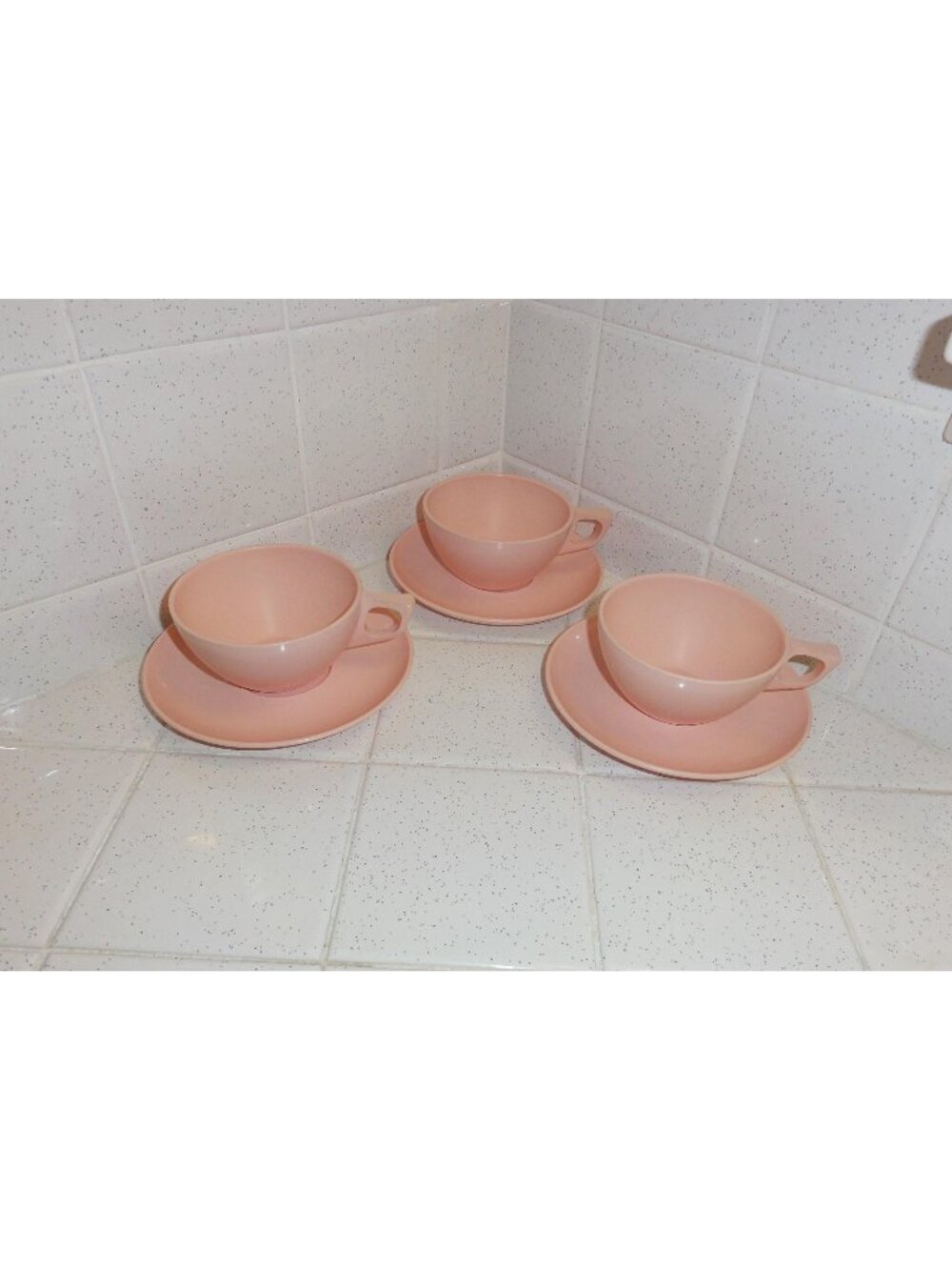 Vintage Melmac Three Pink Tea Cups & Saucers Stetson Dinnerware mcm